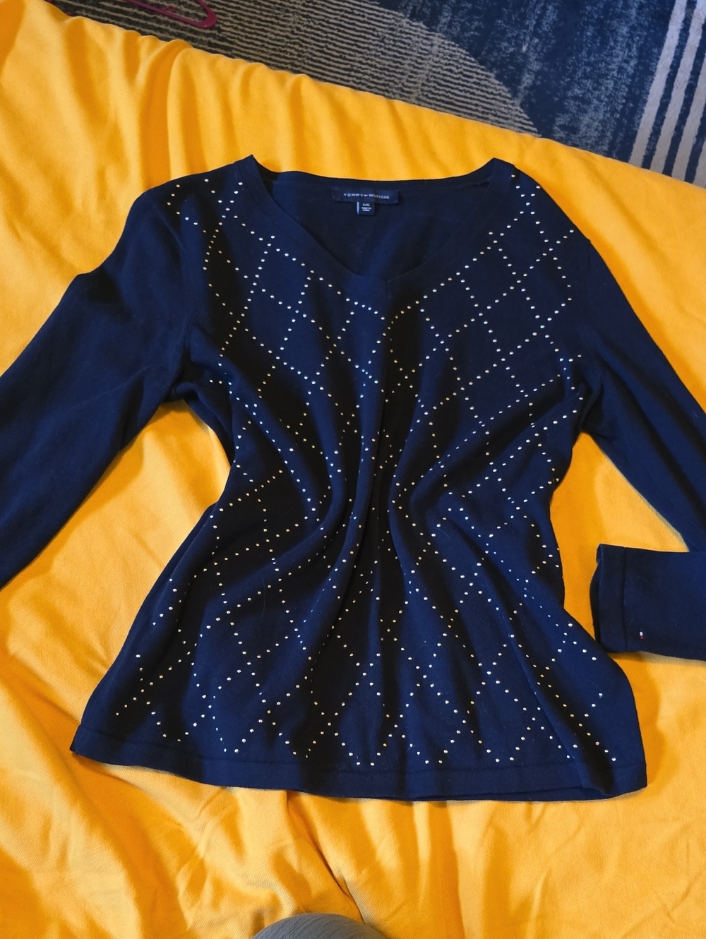 Tommy Hilfiger Navy V-Neck Studded Long Sleeve Top